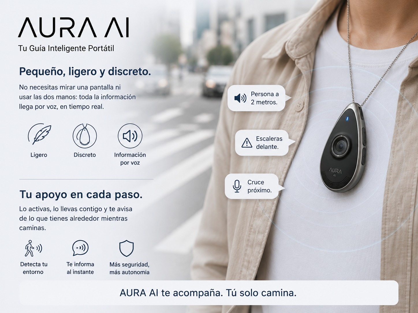 El dije AURA AI con su cordón y estuche de carga